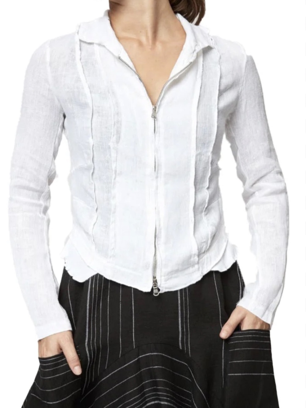 White Linen Zip-Front Blazer Jacket